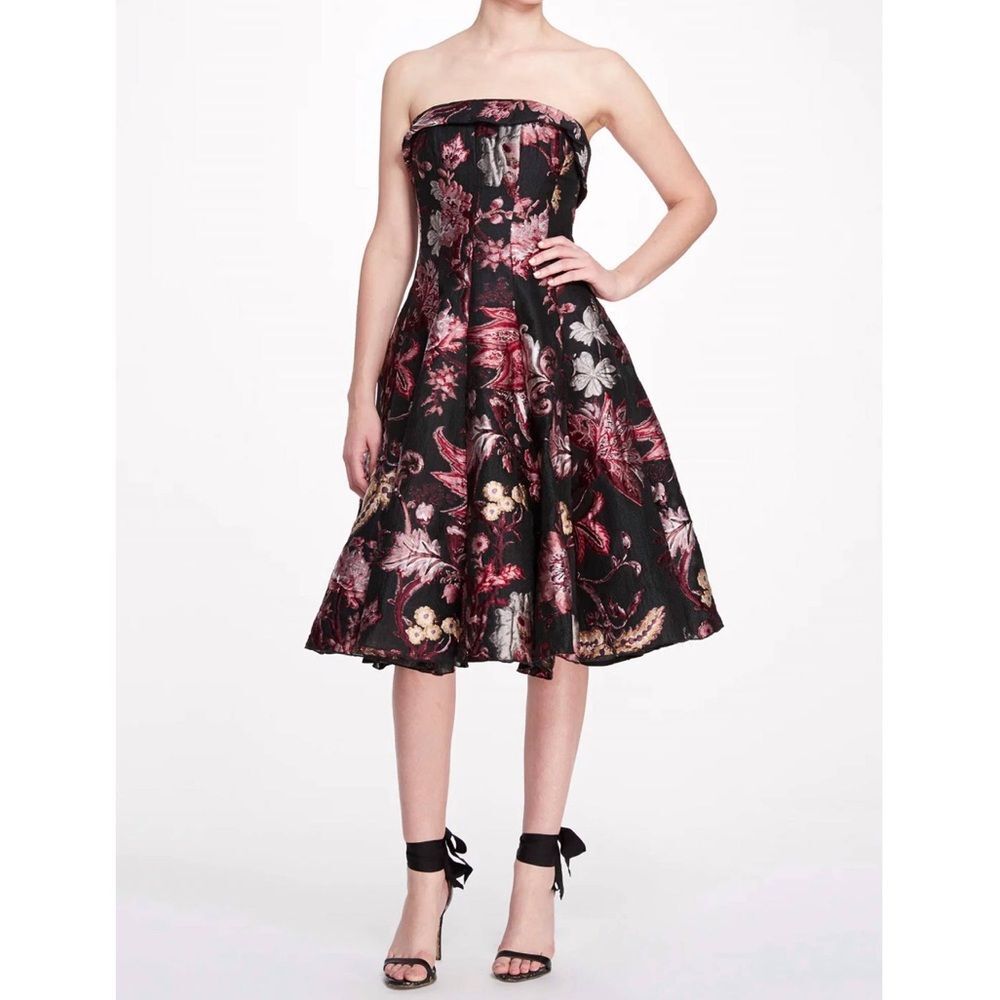 Marchesa Black Strapless Floral Fit-and-Flare Dress with Pink and Gold Accents